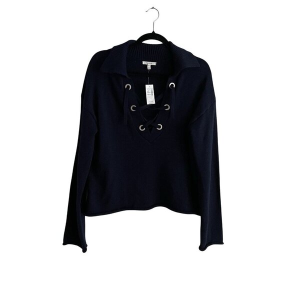 Maurices Women XS Navy Blue Preppy Coastal Relaxed Lace Up Collared Sweater NWT - Picture 2 of 12
